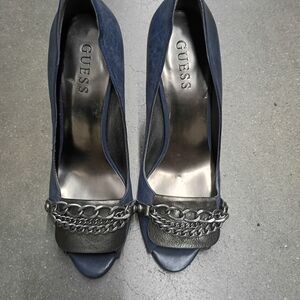 Guess Navy Peep Toe Heels with Chain Detail